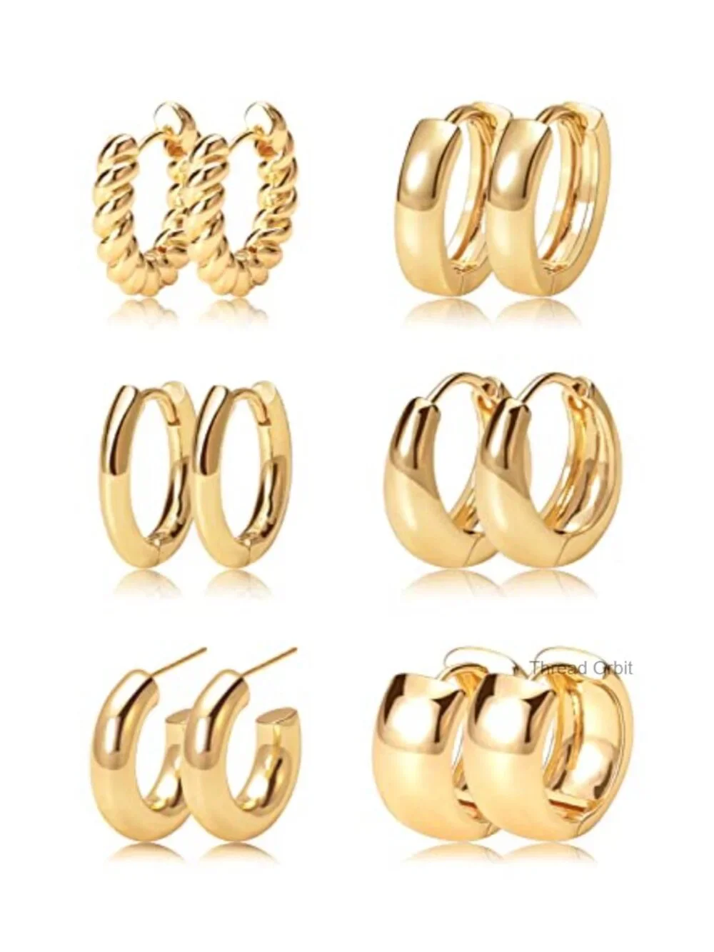 6 Pairs Gold Plated Huggie Earrings Set Hypoallergenic Chunky Twisted Hoops for